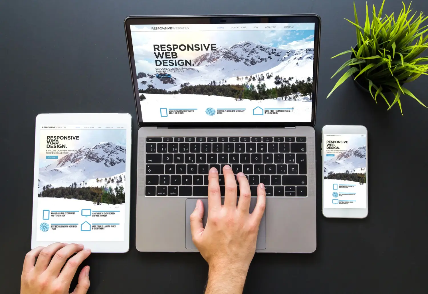 Responsivt design på hjemmeside på computer, tablet og telefon